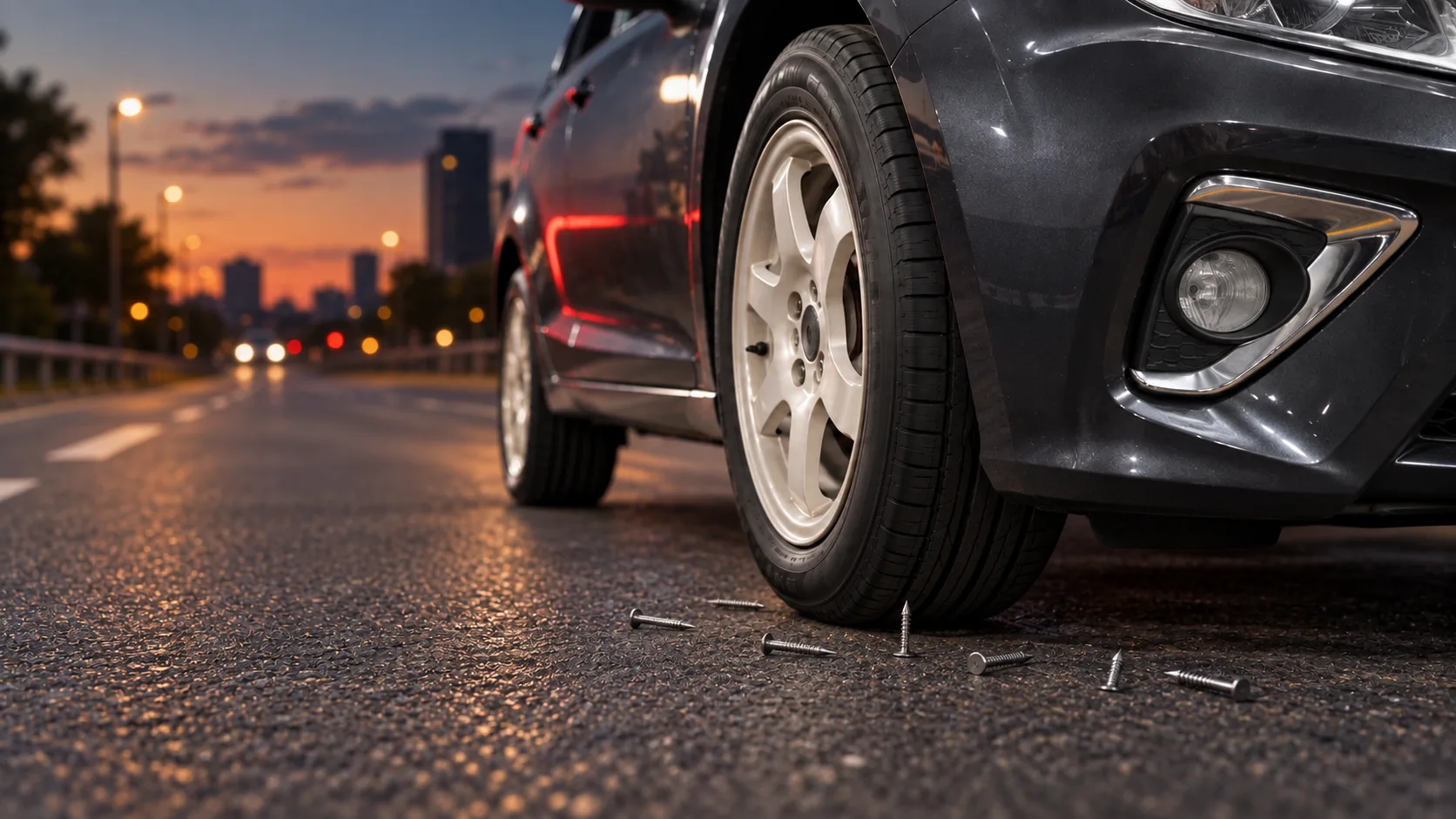 Car tire beside road nails, illustrating the risk of tread punctures
